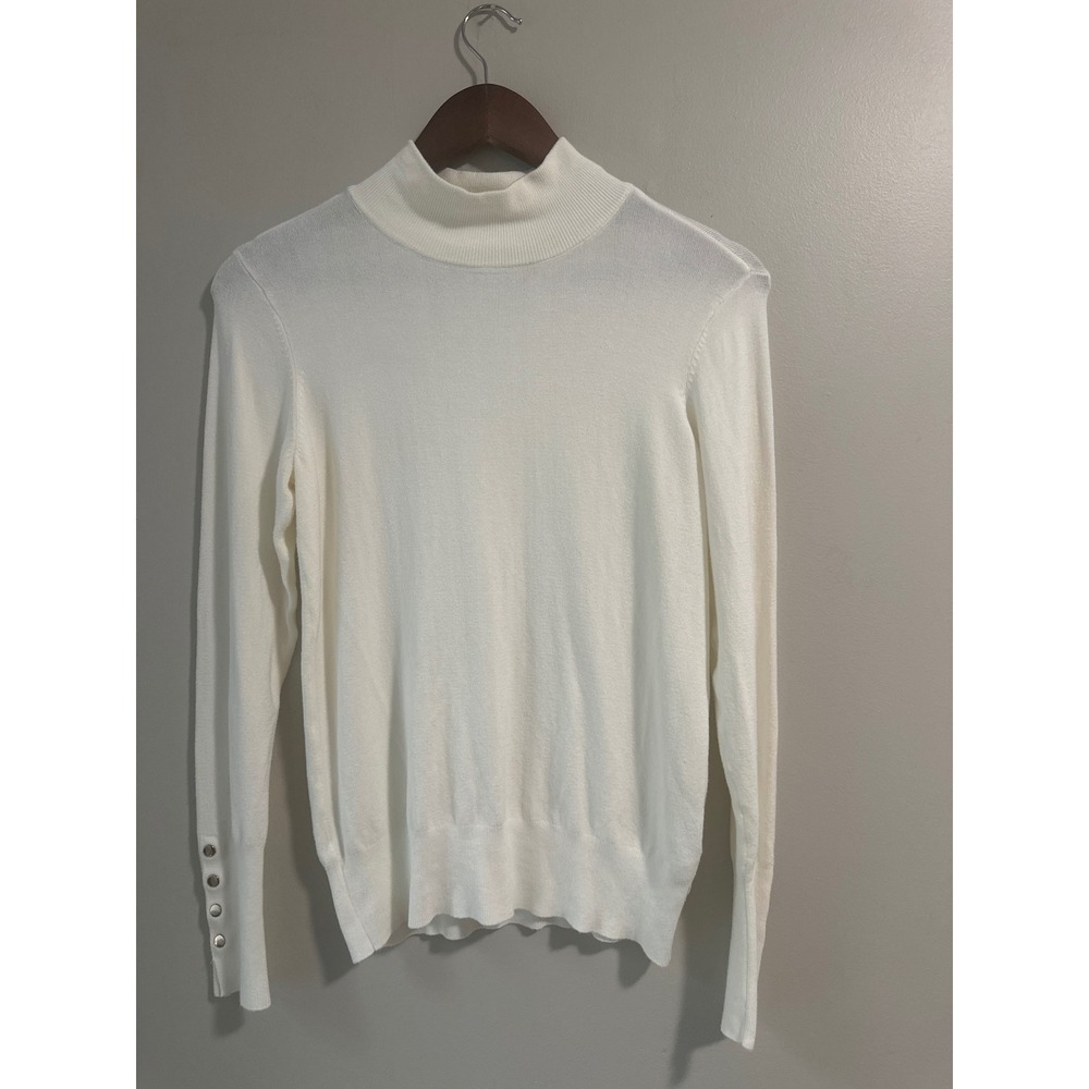 🎃Lascana Women Cream White Mock Neck Sweater Gold Button Cuff US 4/6 Small